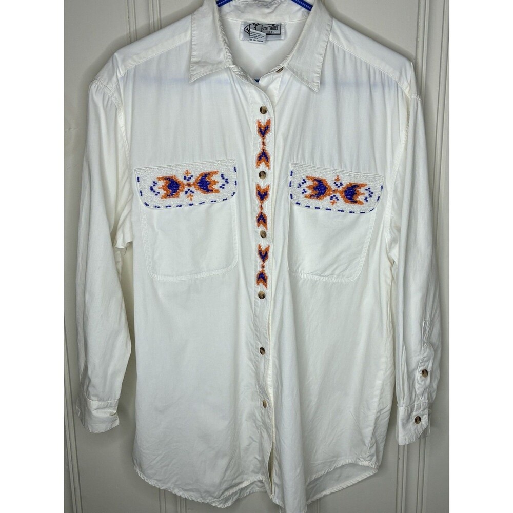 Beaded Vintage Ivory  womens western button shirt Aztec southwest M/L Long Sleev